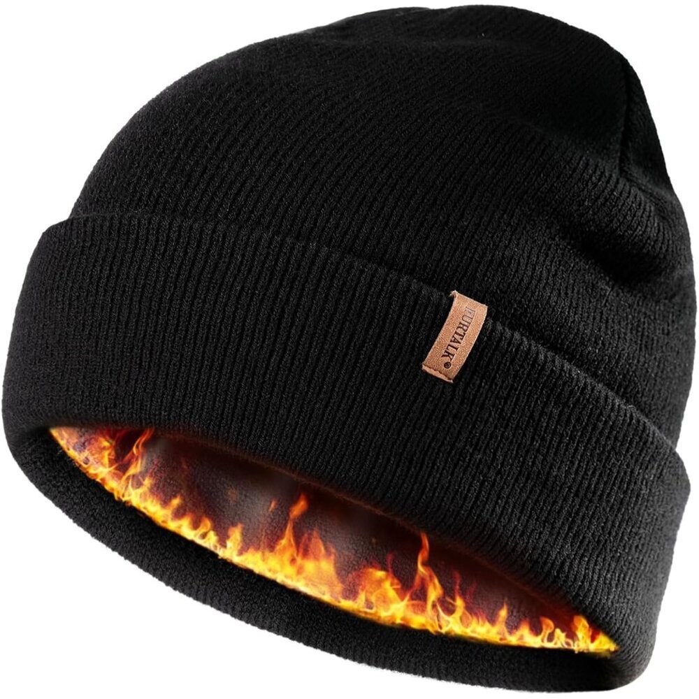 Men's Black Beanie Fleece Lined Double Layered Stylish Knitted Cuffed Plain Hat